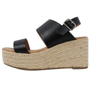 Black Open Toe Faux Leather Espadrille Platform We